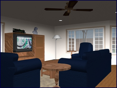 The Castillo's living room, with lights on, and the Weather Forecast showing on the TV.