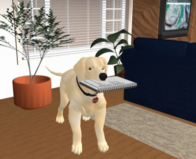Hugo holding a spiral notebook in his mouth.