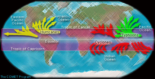 World map showing tropical cyclone journeys.