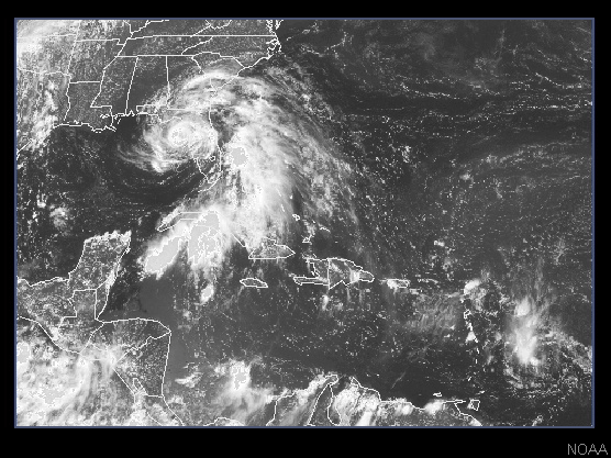 Visible satellite image of the southeastern United States and Caribbean.