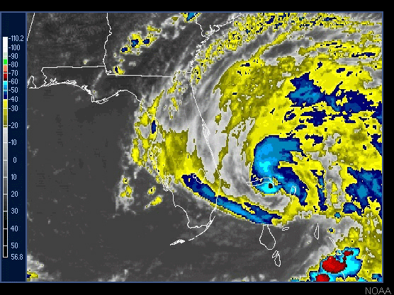 Infrared satellite image of Hurricane Erin over the Bahamas.