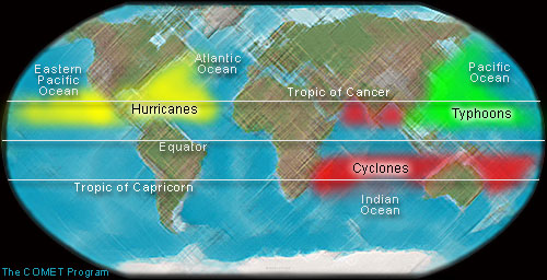 Locations of hurricanes, typhoons, and cyclones around the world