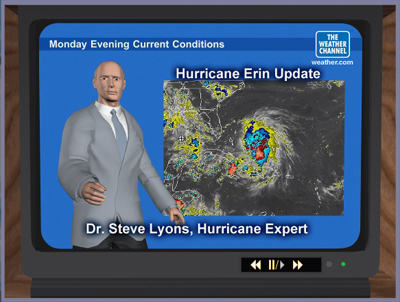 TV screen showing Steve Lyons, Hurricane Expert on The Weather Channel.