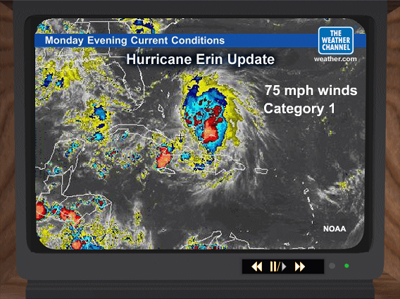 Infrared satellite image of hurricane Erin.