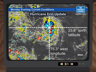 Satellite image hurricane Erin with latitude-longitude markers.