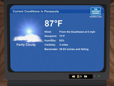 TV screen showing current conditions in Pensacola from The Weather Channel.