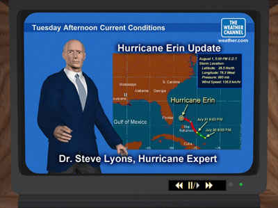 TV screen showing Steve Lyons, hurricane expert on The Weather Channel.