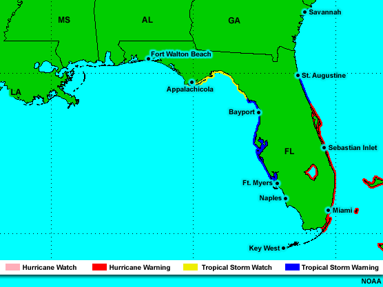 Map of Florida showing locations of hurricane warnings, tropical storm warnings, and tropical storm watches.