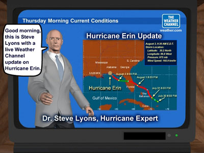TV screen showing Steve Lyons, Hurricane Expert.