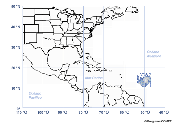 Mapa de los Estados Unidos y de América del Sur con un huracán formándose en el Atlántico