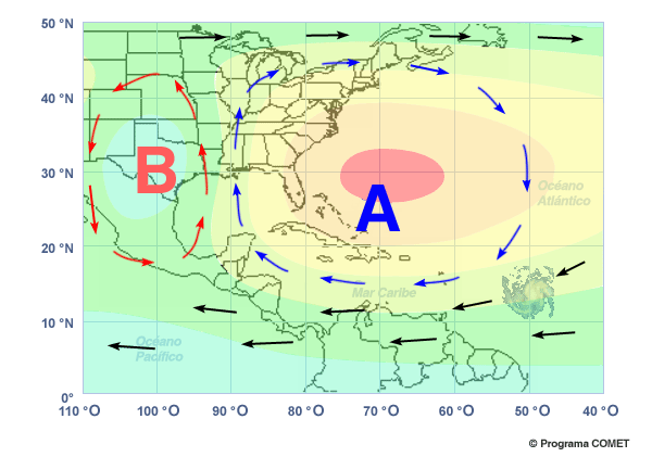 Mapa con un sistema de alta presión, otro de baja presión, y un huracán