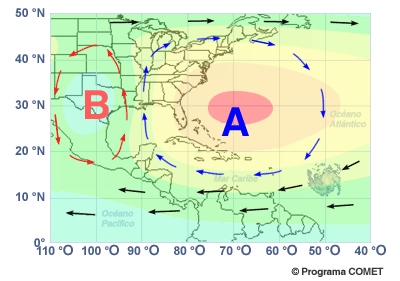 Mapa con un centro de baja presión sobre Texas y un centro de alta presión sobre Bermudas.