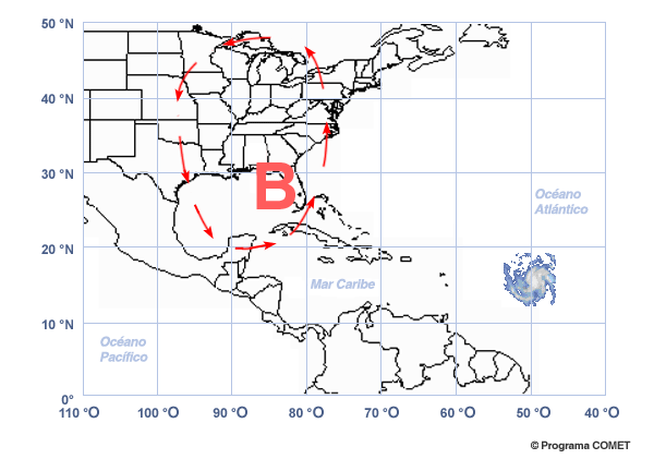 Mapa con un huracán y un sistema de baja presión