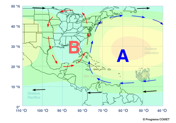 Mapa con un huracán, con un sistema de baja presión, y con un sistema de alta presión