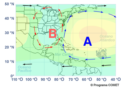 Mapa con un centro de baja presión sobre el Golfo de México y el medio oeste de los Estados Unidos, y un centro de alta presión sobre el Atlántico.