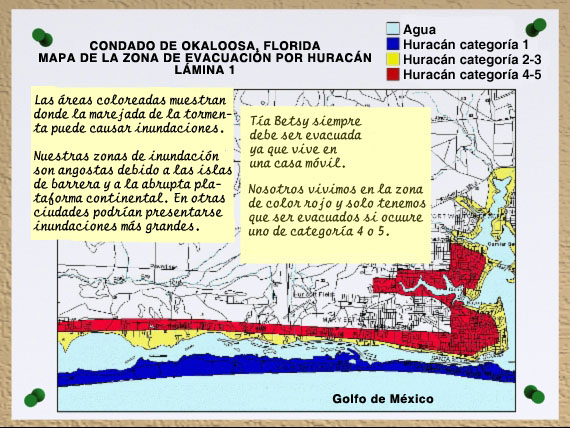 Mapa de la zona de evacuación por huracanes del condado de Okaloosa, Florida.