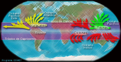 Mapa del mundo que muestra la trayectoria de los ciclones tropicales.