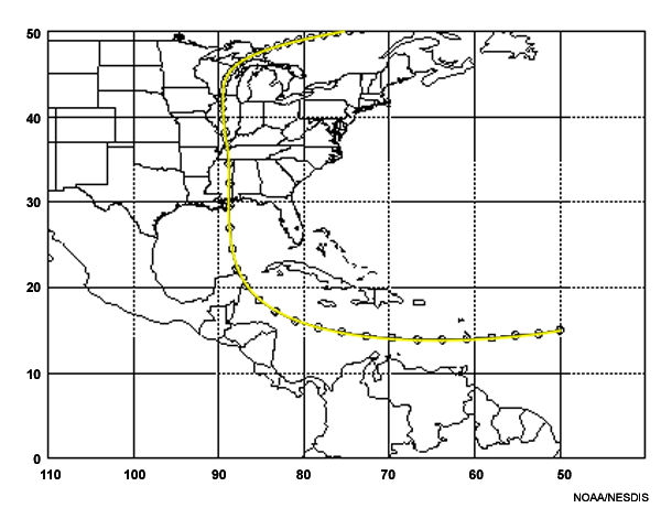 Mapa mostrando la trayectoria de un huracán