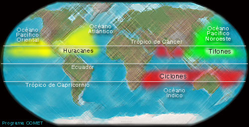 Localización de los huracanes, tifones y ciclones