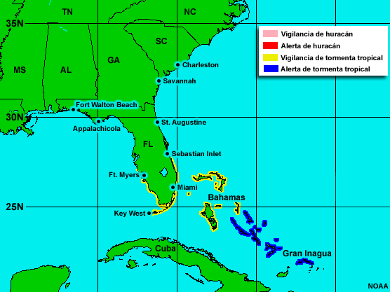 Mapa de avisos y alertas de huracán, 30 de julio.