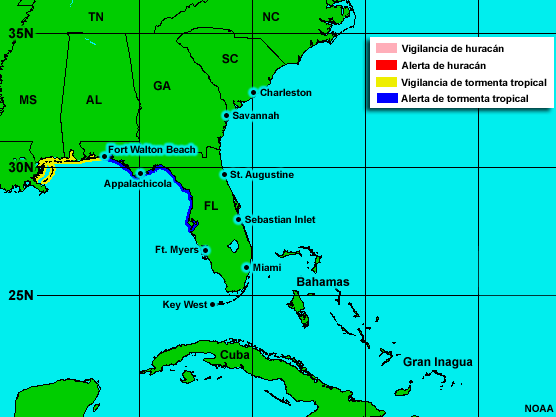 Mapa de avisos y alertas de huracán.
