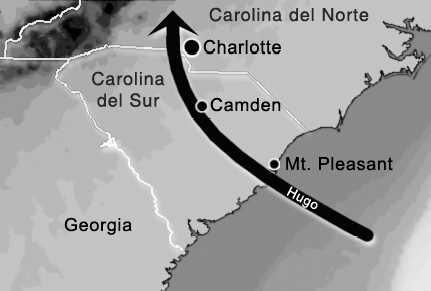 Mapa del paso del huracán Hugo a través de la Carolina del Sur y del Norte.