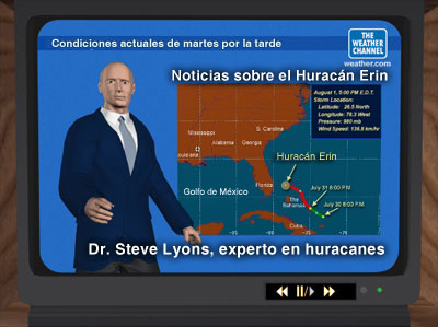 TV mostrando a Steve Lyons, experto en huracanes del Canal del Tiempo.