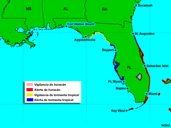 Mapa de Florida que muestra las localidades donde hay alerta de huracán, alerta de tormenta tropical, y vigilancia de tormenta tropical.