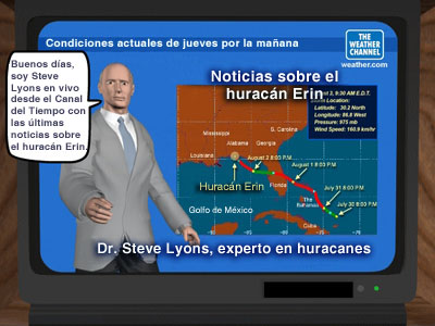 Pantalla de TV con Steve Lyons, experto en huracanes.