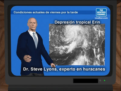 Pantalla de TV mostrando a Steve Lyons, experto en huracanes de El Canal del Tiempo.