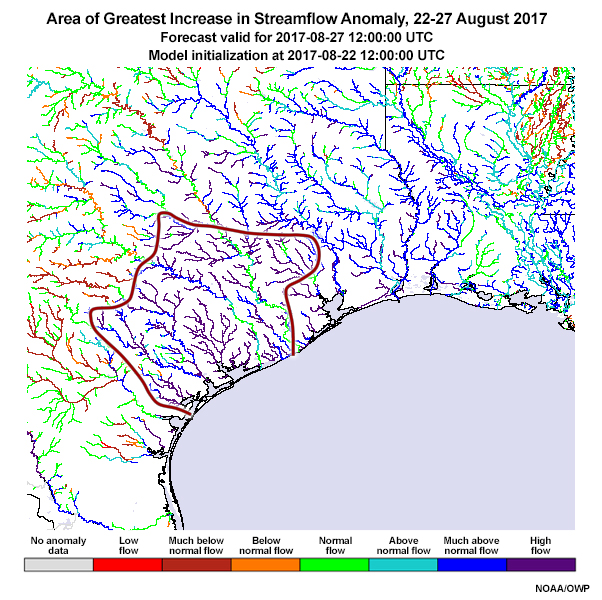 Greatest increase in NWM Streamflow Anomaly Guidance from 22 August to 27 August 2017, based on forecast model run from 22 August 2017.