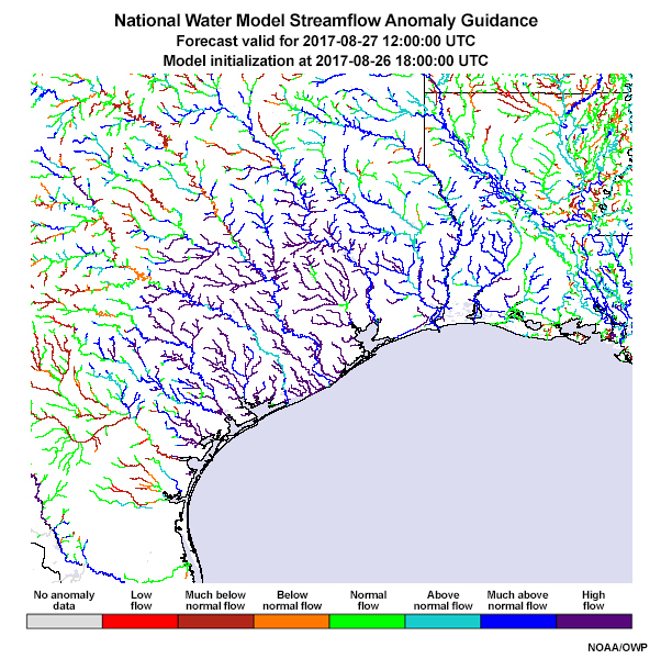 National Water Model Streamflow Anomaly Guidance. Forecast valid for 2017-08-27 12:00:00 UTC, model initialized at 2017-08-26 18:00:00 UTC.