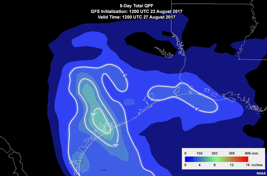 120-hour total QPF. Modal initialization: 1200 UTC 22 August 2017. Valid 1200 UTC 27 August 2017.