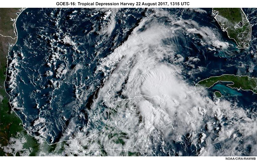 GOES image of Tropical Depression Harvey as it moves from the Yucatan Peninsula to the Gulf of Mexico on 22 August 2017.