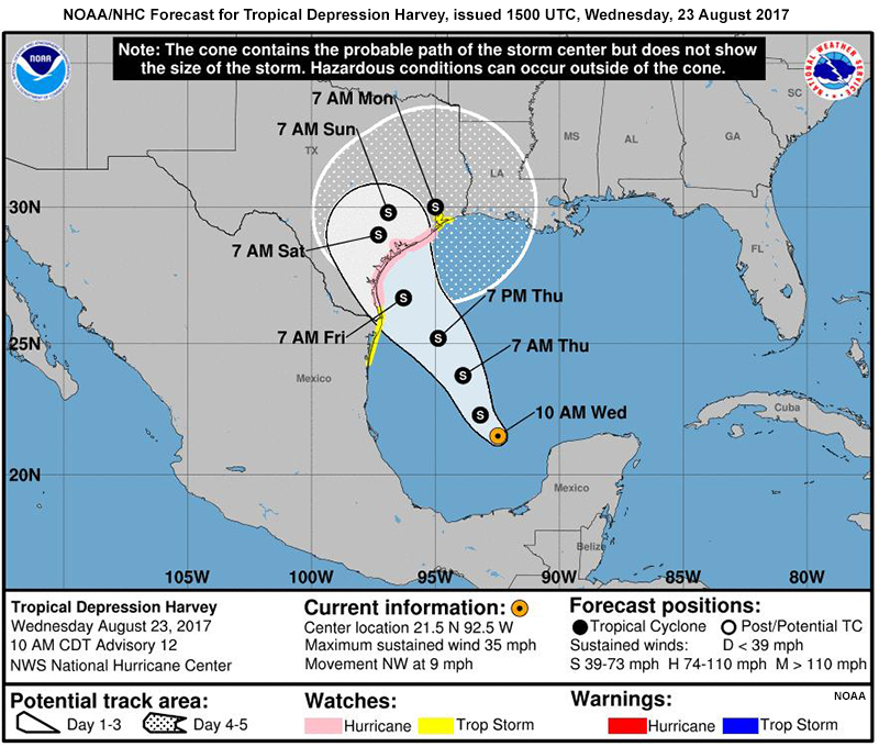 Official forecast from NOAA National Hurricane Center at 1500 UTC 23 August 2017 with respect to Tropical Depression Harvey
