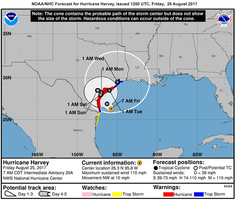 Official forecast from NOAA National Hurricane Center at 1200 UTC 25 August 2017 with respect to Tropical Depression Harvey