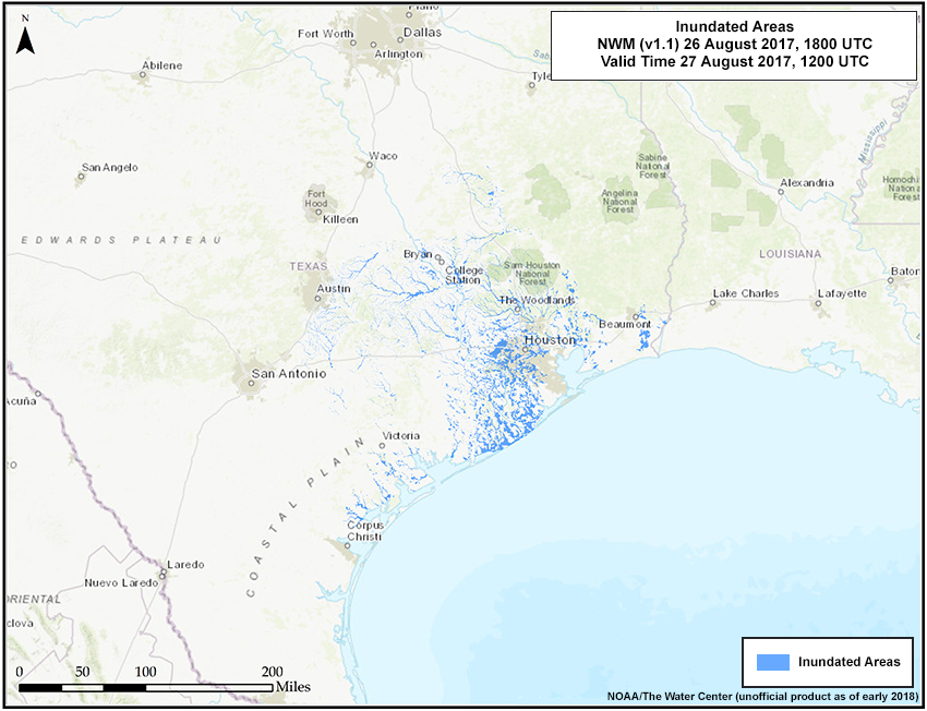 Unofficial NWM produuct: Short Range Inundation Areas
18 hour forecast from the 1800 UTC 26 August 2017 model run, valid 27 Aug 2017 1200 UTC