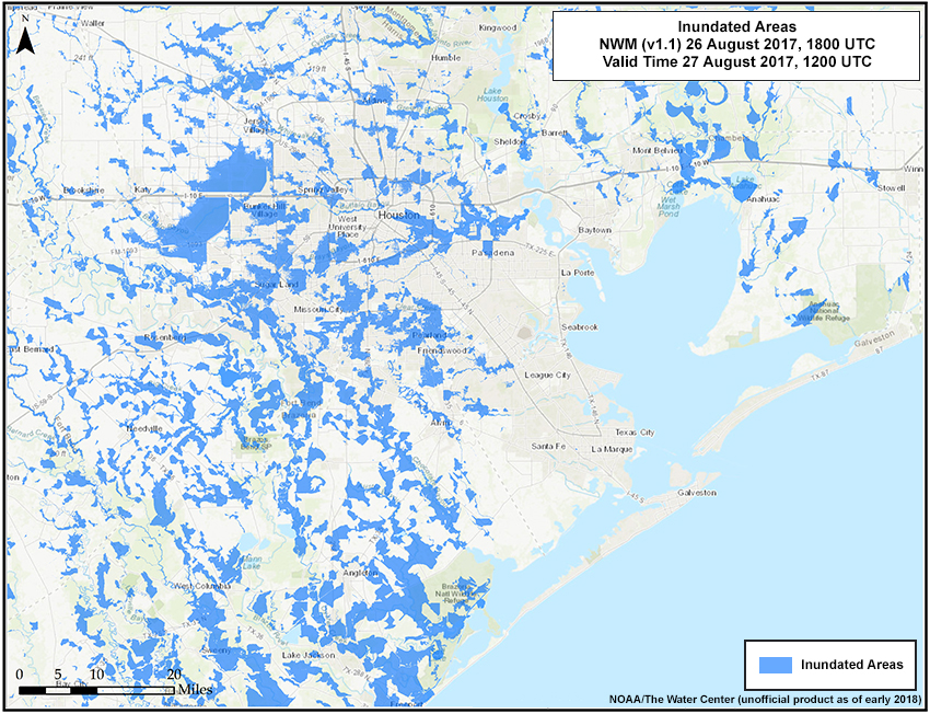 Unofficial NWM product: Short Range Inundation Areas
18 hour forecast from the 1800 UTC 26 August 2017 model run, valid 27 Aug 2017 1200 UTC