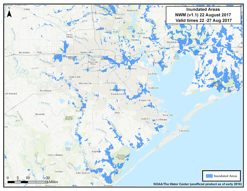 Unofficial NWM product: Medium Range Inundated Areas using the Height Above Nearest Drainage (HAND) method.
5-day forecast, 22 - 27 Aug 2017