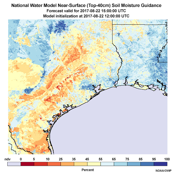 National Water Model Soil Moisture (Top 40 cm) Guidance. 10 days, 22 August - 1 September 2017 (Hurricane Harvey)