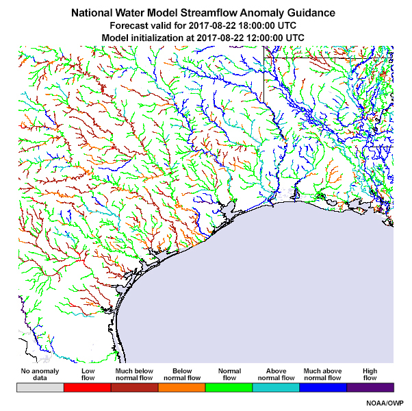National Water Model Streamflow Anomaly Guidance. 10 days, 22 August - 1 September 2017 (Hurricane Harvey)