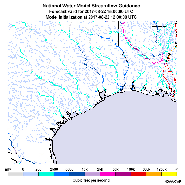 National Water Model Streamflow Guidance. 10 days, 22 August - 1 September 2017 (Hurricane Harvey)