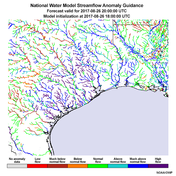 National Water Model Short Range Streamflow Anomaly Guidance. 17 hours ending 1200 UTC 27 August 2017 (Hurricane Harvey)