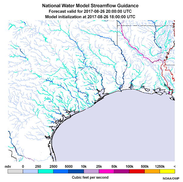 National Water Model Short Range Streamflow Guidance. 17 hours ending 1200 UTC 27 August 2017 (Hurricane Harvey)