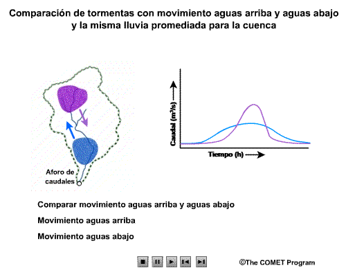 Comparacin de tormentas con movimiento aguas arriba y aguas abajo y la misma lluvia promediada para la cuenca