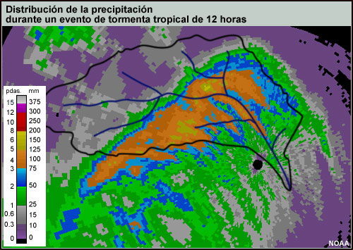 Distribución de la precipitación durante un evento de tormenta tropical de 12 horas