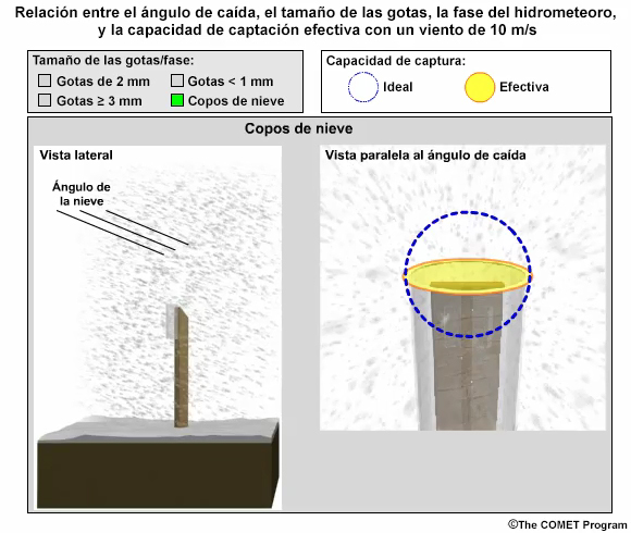 Relacin entre el ngulo de cada, la fase y el tamao de las gotas y la capacidad de captacin del pluvimetro para copos de nieve con un viento de 20 m/s