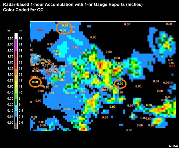 Radar-based 1-hour Accumulation with 1-hr Gauge Reports, Color Coded for QC - with marked zeros