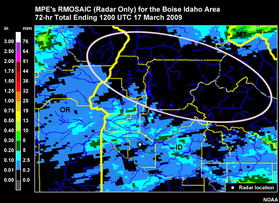 County map in the Boise, ID WFO area with 72-h radar-derived precip from the KCBX (Boise) radar. With annotation showing areas of little radar coverage.
