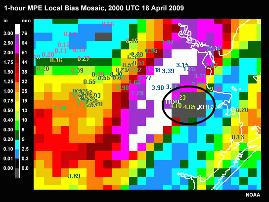 1-hour MPE Local Bias Mosaic, 2000 UTC 18 April 2009